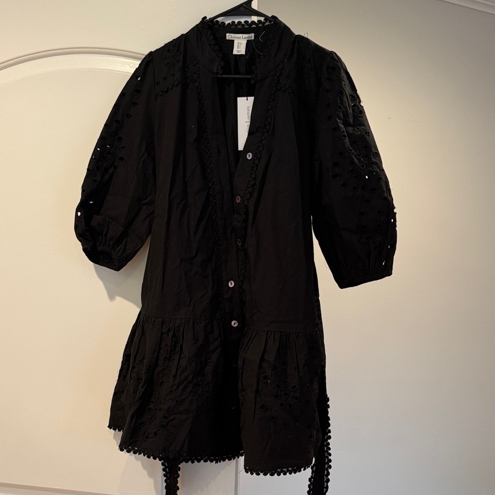 Christian Lacroix Black Eyelet Puff-Sleeve Dress nwt